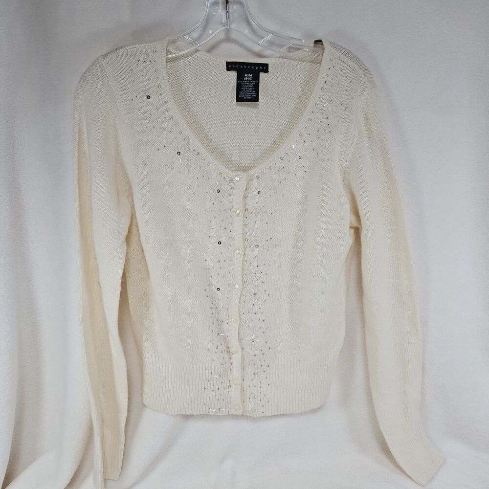 Apostrophe Ivory Embellished Seed Beads Festive Buttoned Cardigan, Womens Medium